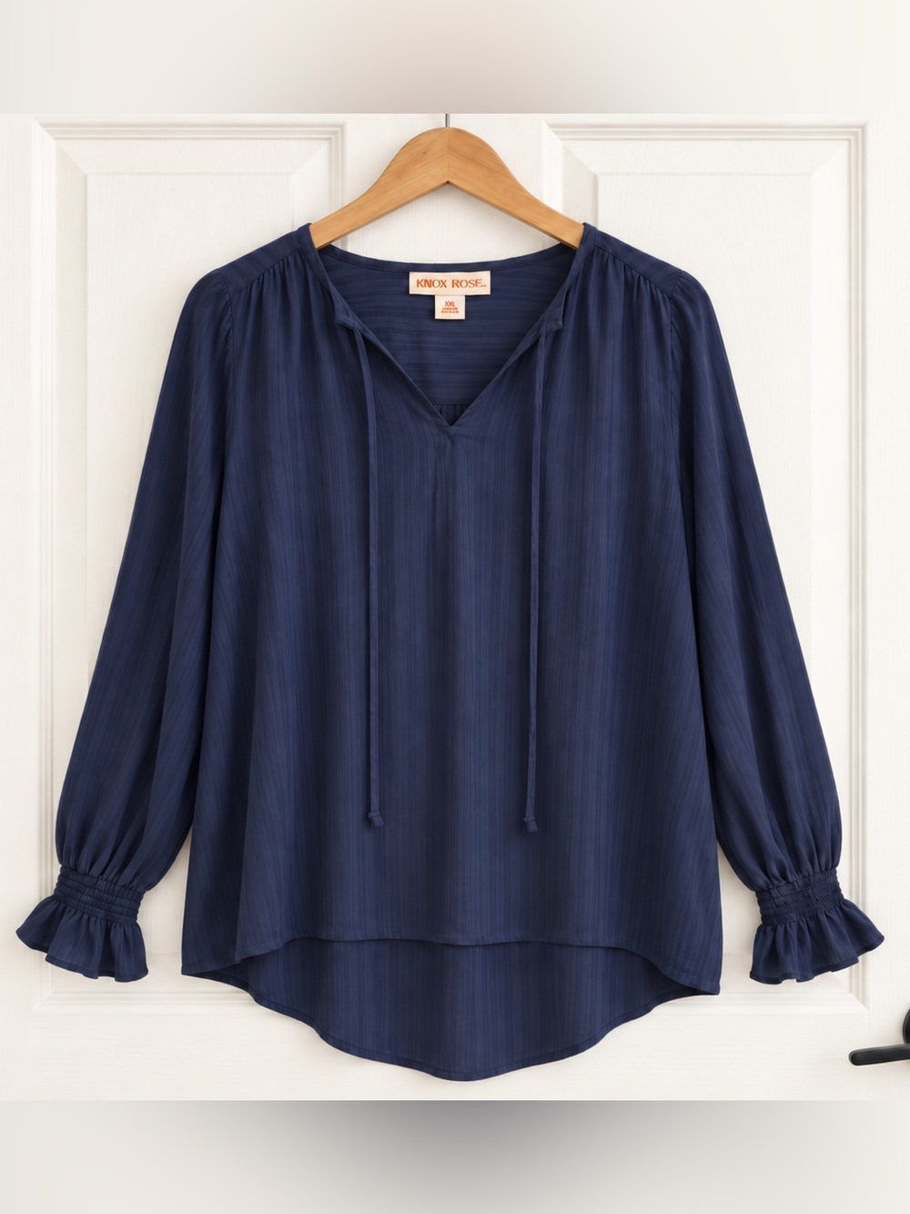 Knox Rose Navy Blue Boho Peasant Blouse Tie Neck Balloon Sleeve Rayon XXL 2X